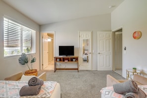 4 bedrooms, memory foam beds, desk, iron/ironing board