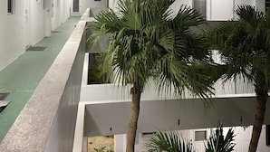 Corredor de hotel com vários níveis, paredes brancas, piso verde e palmeiras.