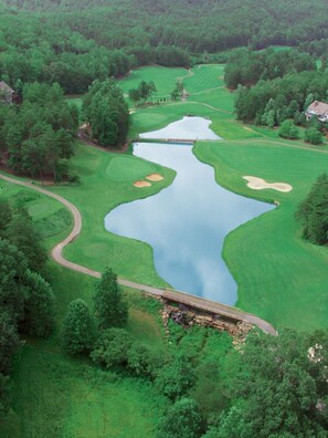 Un campo de golf con un estanque, rodeado de árboles frondosos y un pequeño puente.