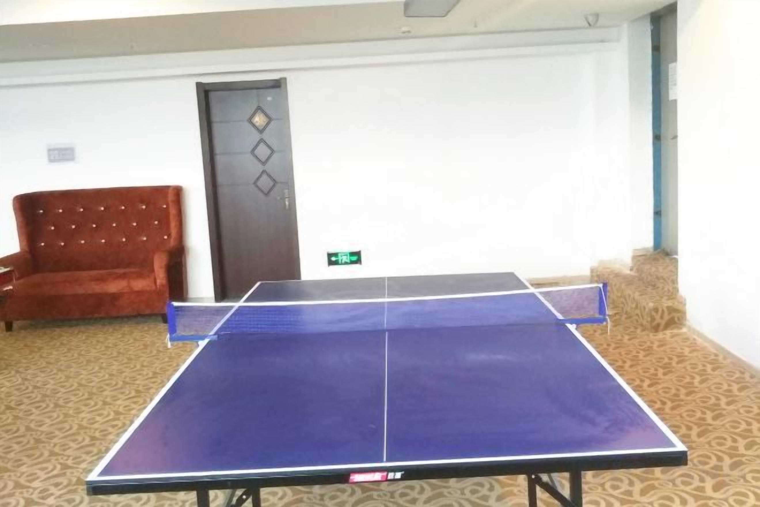 A ping pong table in a room with patterned carpet, a red chair, and a door with a diamond design.