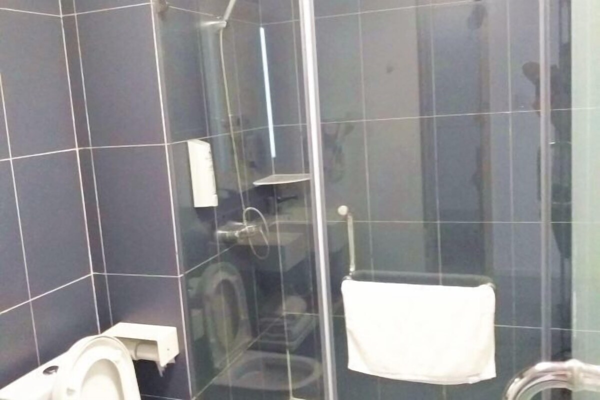 Et badeværelse med brusekabine i glas, et hvidt toilet og en håndklædestang.