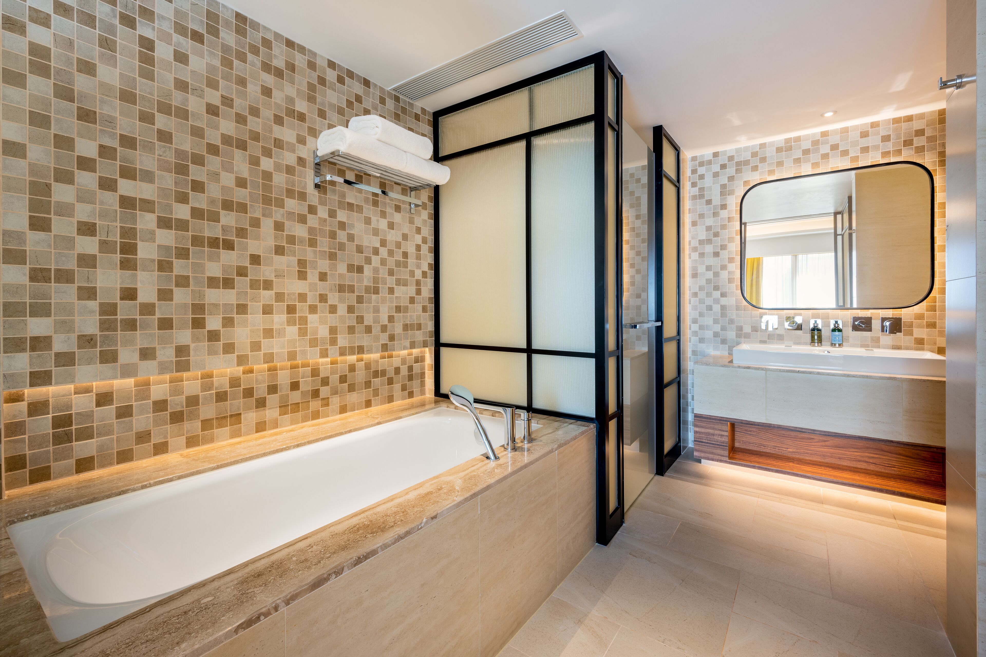 separate bathtub and shower, free toiletries, hair dryer, bathrobes