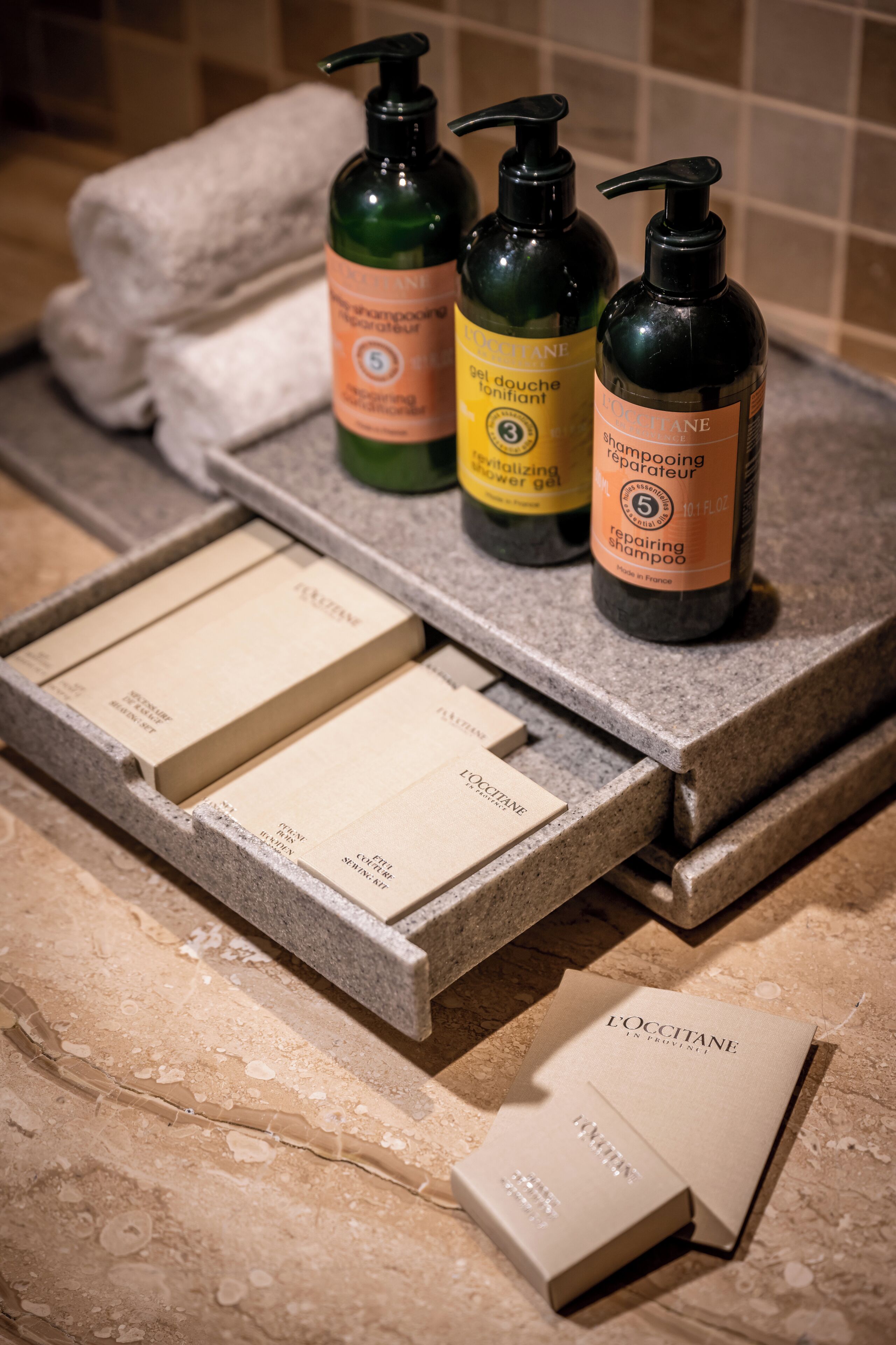 separate bathtub and shower, free toiletries, hair dryer, bathrobes