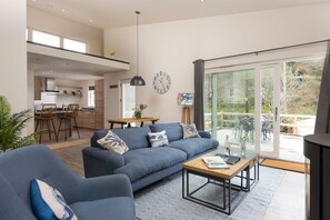 Smart TV, fireplace, DVD player, books