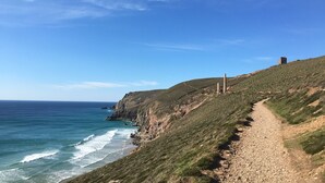 A coastal path with a clear view of the ocean and a distant building on a grassy hill.