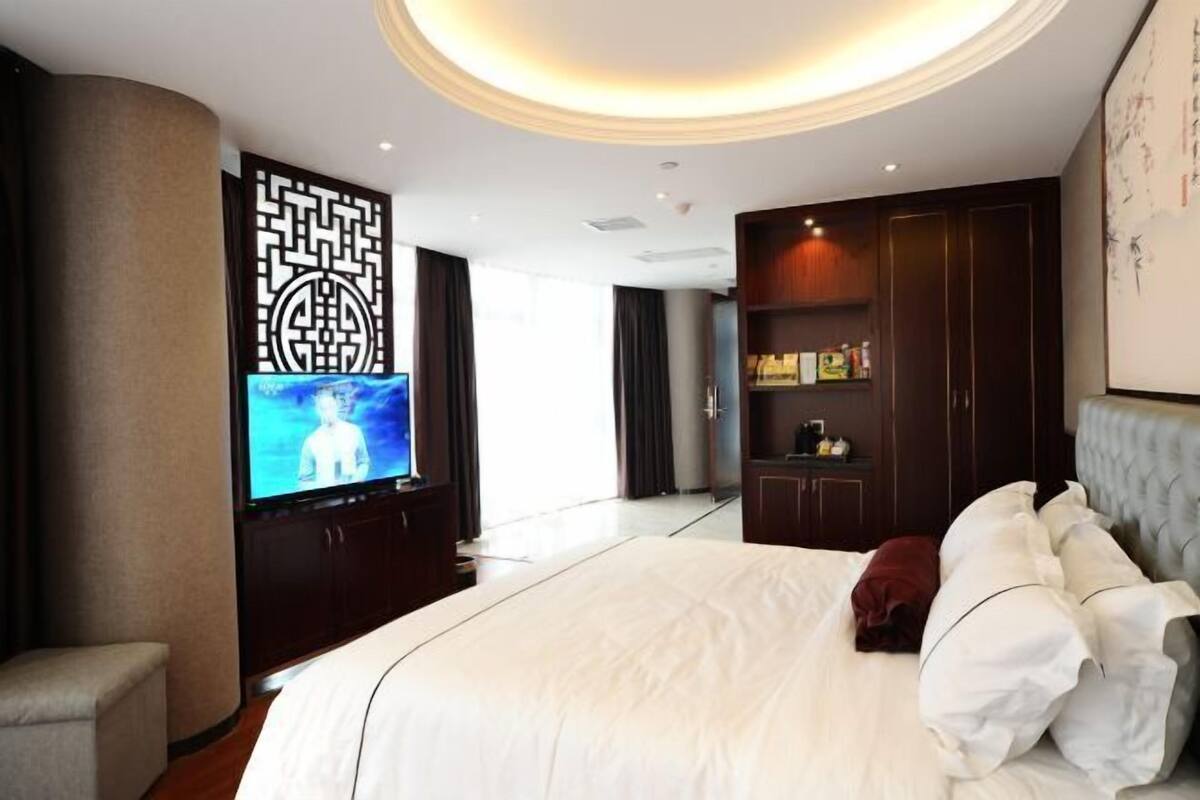 A modern hotel room with a large bed, a television, a decorative wall panel, and built-in wardrobes.