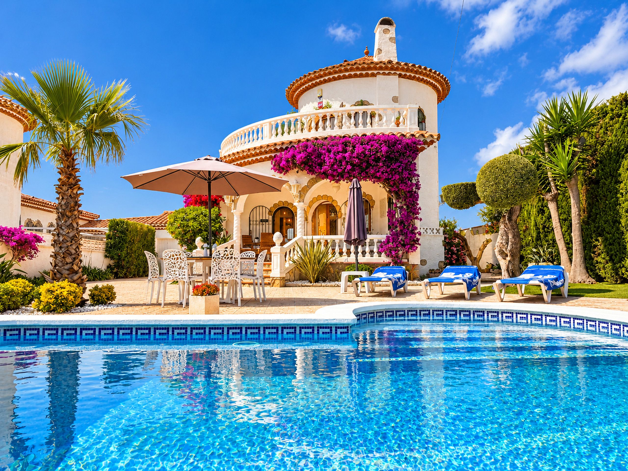 Un espace aménagé au bord de la piscine, comprenant une piscine, des chaises longues et un bâtiment doté d’un balcon.