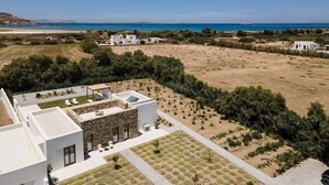 Eine moderne Villa mit großzügigem Außenbereich, darunter eine Terrasse und ein Garten mit ordentlich angelegten Pflanzen.