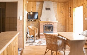 Cozy cabin with a fireplace, television, and dining area.