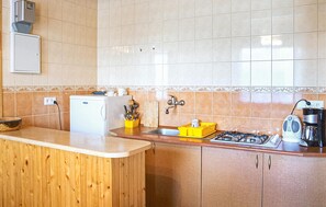 Compact kitchen with a refrigerator, sink, and coffee maker.