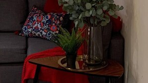 A living room with a grey sofa, a red throw blanket, a patterned pillow, a potted plant, and two red artworks on the wall. - "the Old Forge"- 5 Minutes Away From Motorway (Bradford)