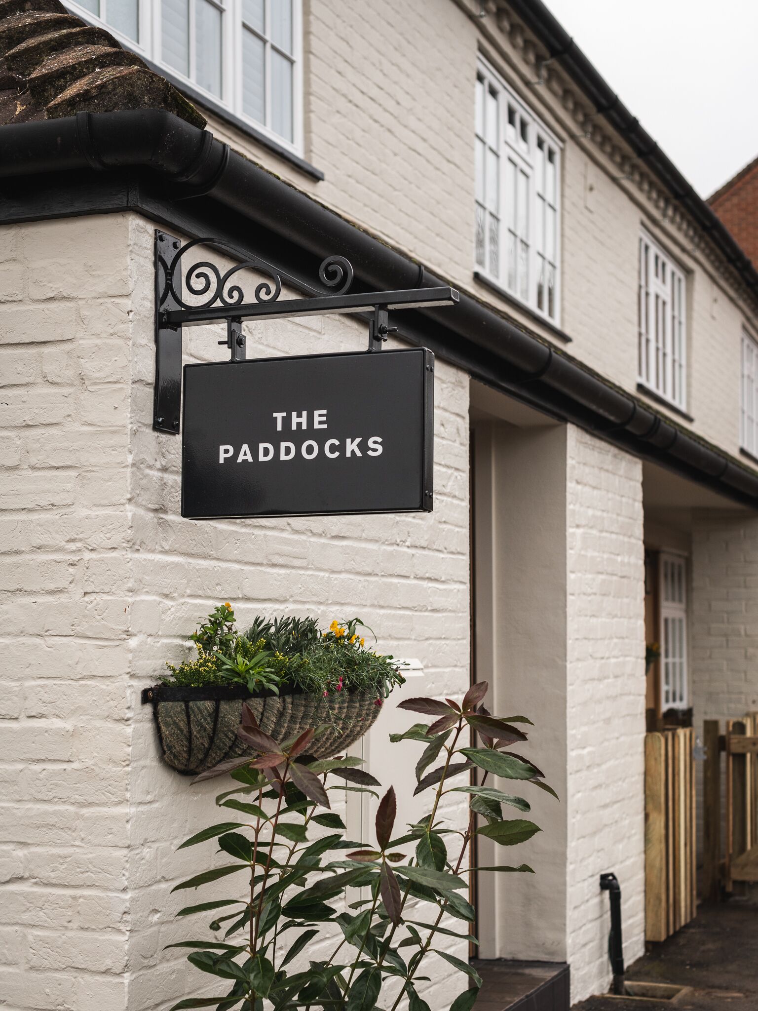 A sign for "The Paddocks" pub, mounted on a white brick wall with a hanging planter below.