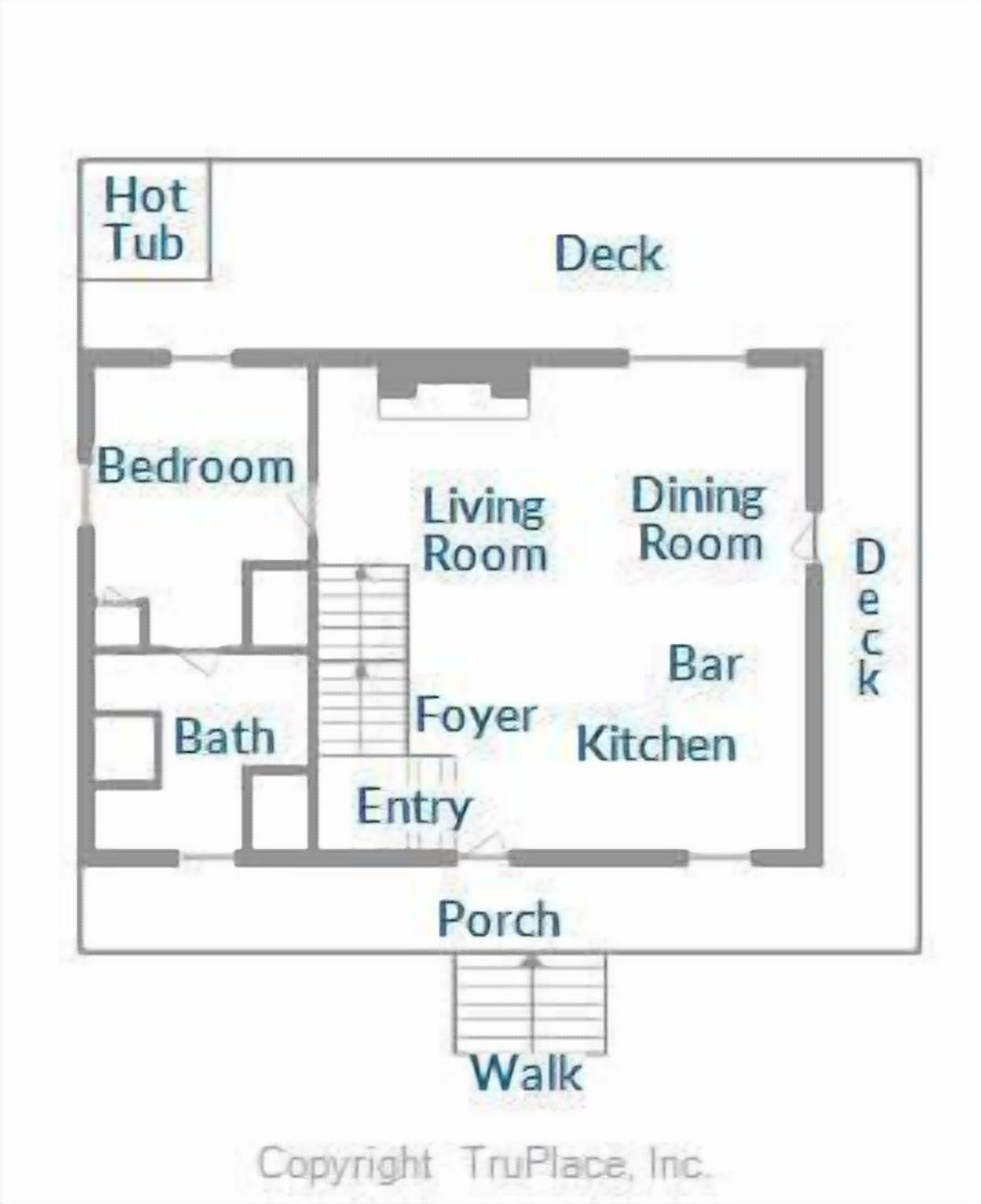 A floor plan of a hotel with a bedroom, living room, dining room, bar, kitchen, foyer, entry, porch, and walk.