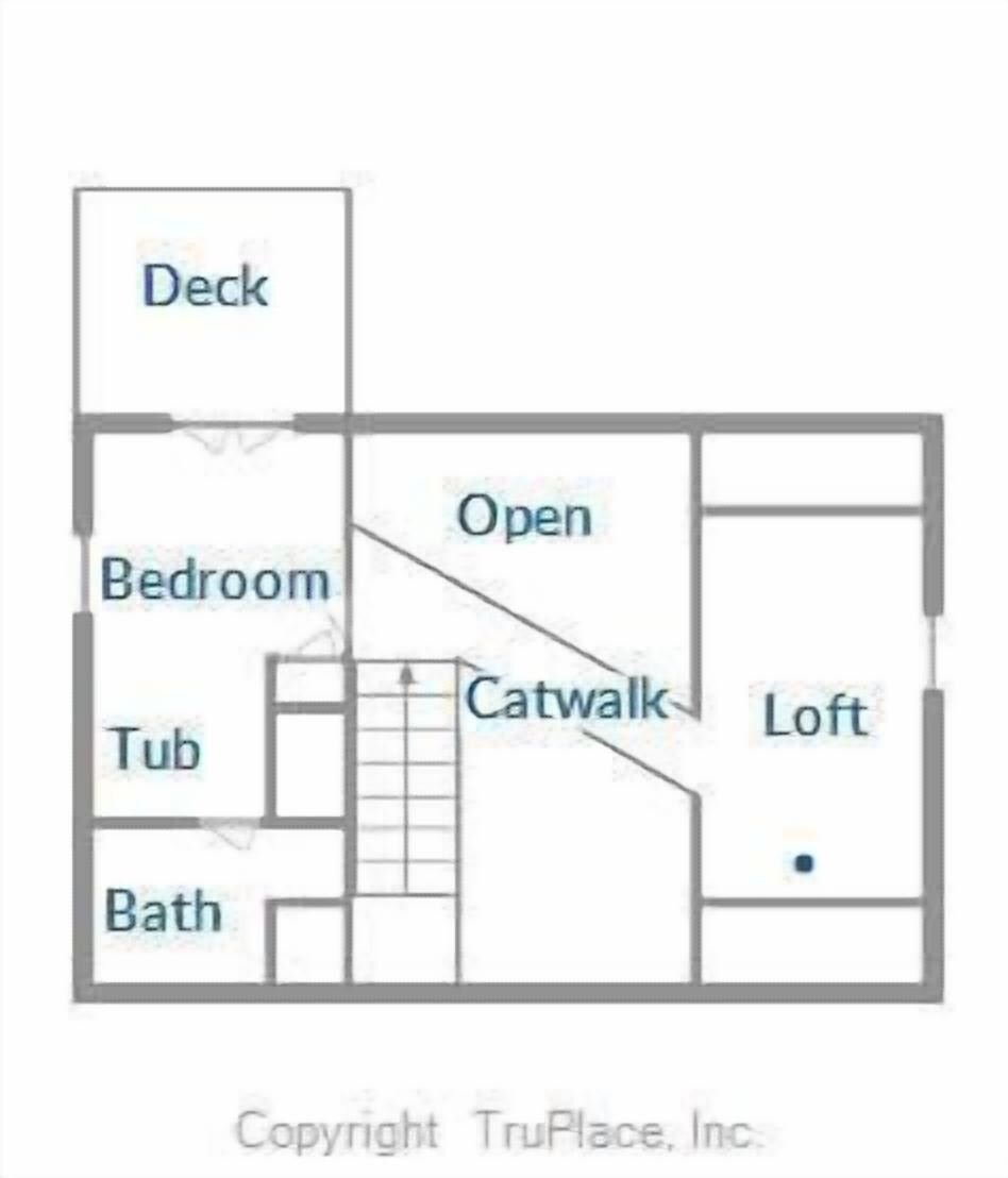 A floor plan with a deck, bedroom, tub, bath, catwalk, open space, and loft.