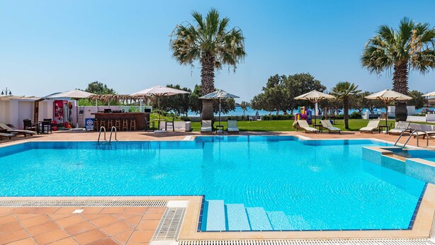 Une piscine entourée de palmiers, avec des chaises longues et des parasols.