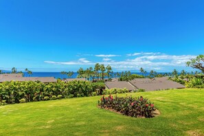 A resort with a well-maintained lawn, palm trees, and a view of the ocean.
