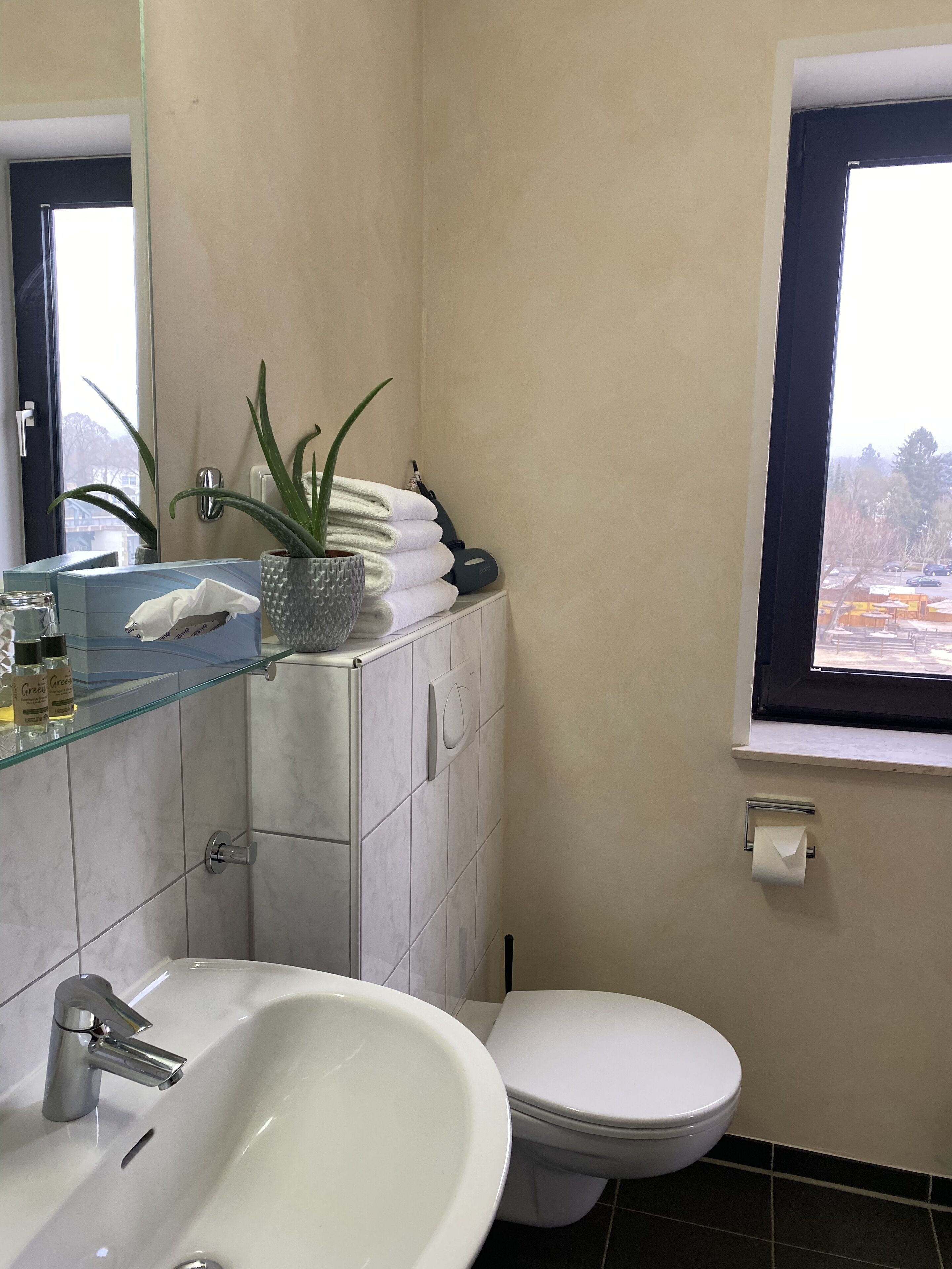 A bathroom with a white sink, toilet, and a window with a view of the outside.