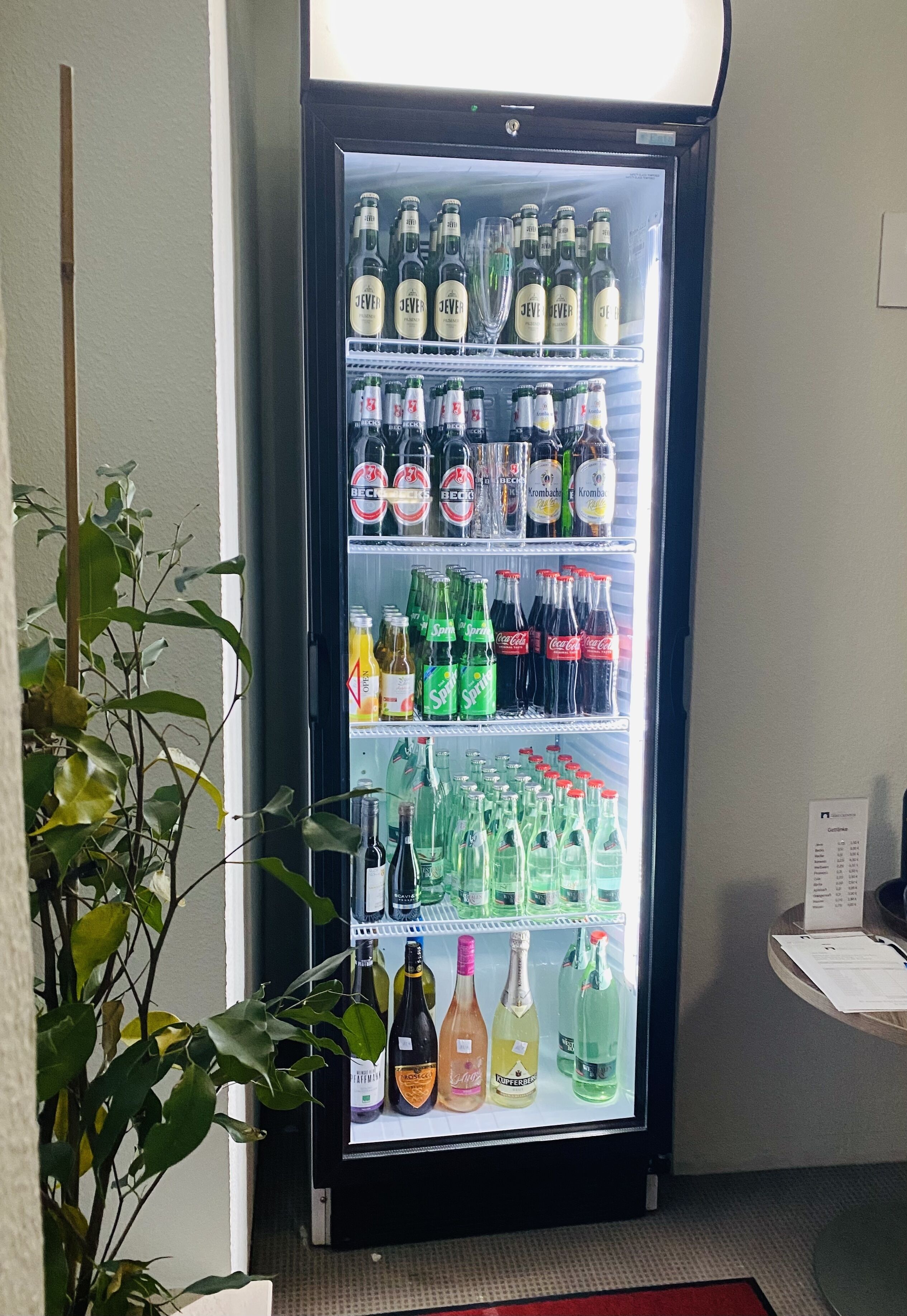 Un refrigerador de bebidas repleto de cervezas, refrescos y otras opciones.
