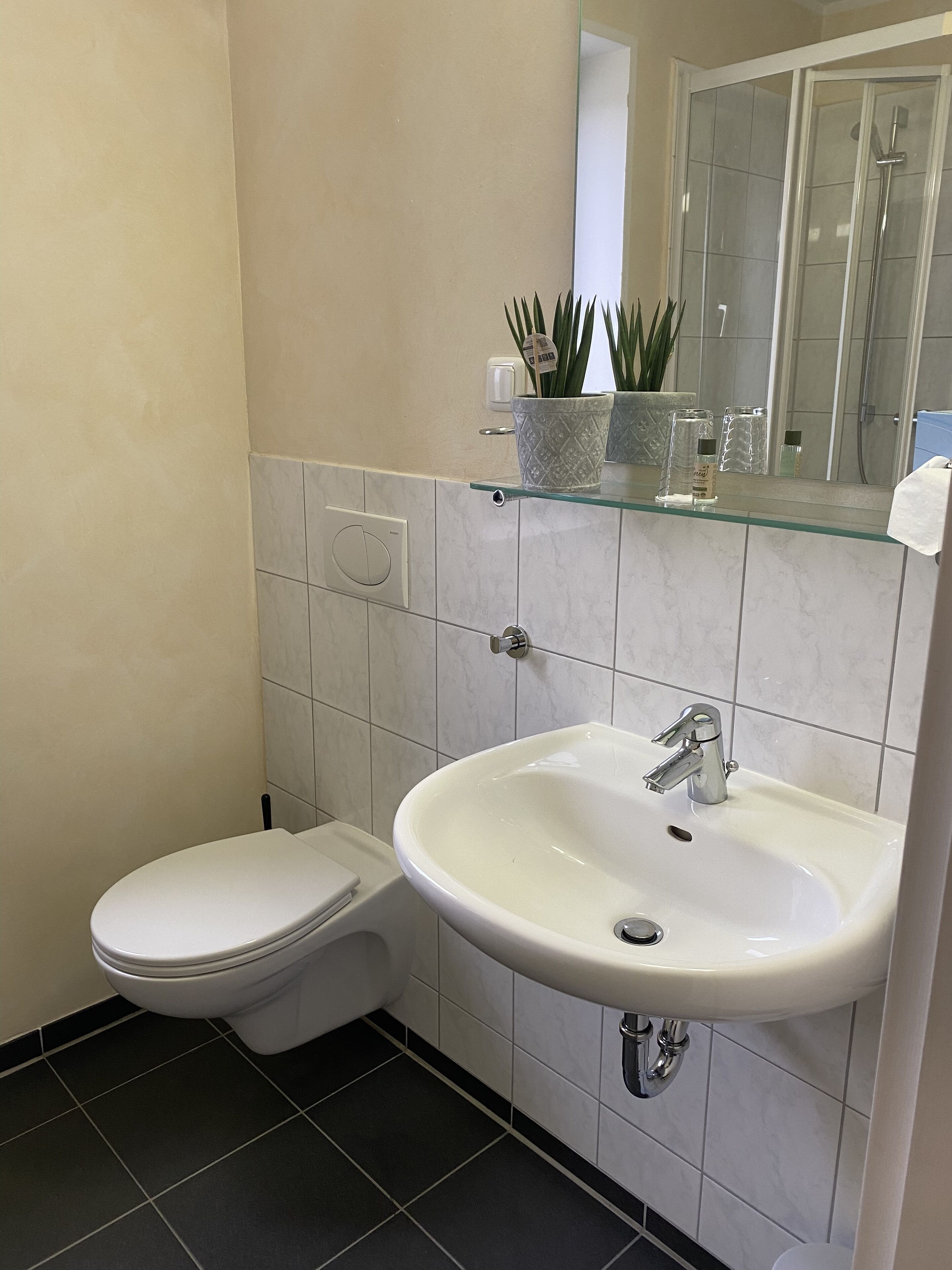 Une salle de bain avec des toilettes blanches, un lavabo blanc et une étagère en verre au-dessus du lavabo.