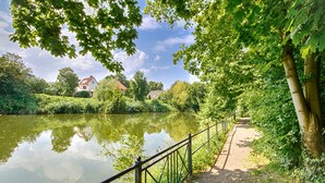 Un sendero tranquilo a la orilla del río con barandilla de metal, rodeado de abundante vegetación y una masa de agua serena que refleja el cielo.