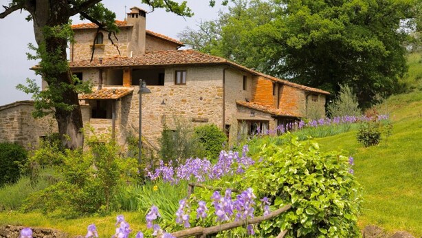 A stone house with a tiled roof, surrounded by lush greenery and purple flowers. - Villa Grassina Quadrilocale sleeps 8, WIFI, pool, Nature (Pelago)