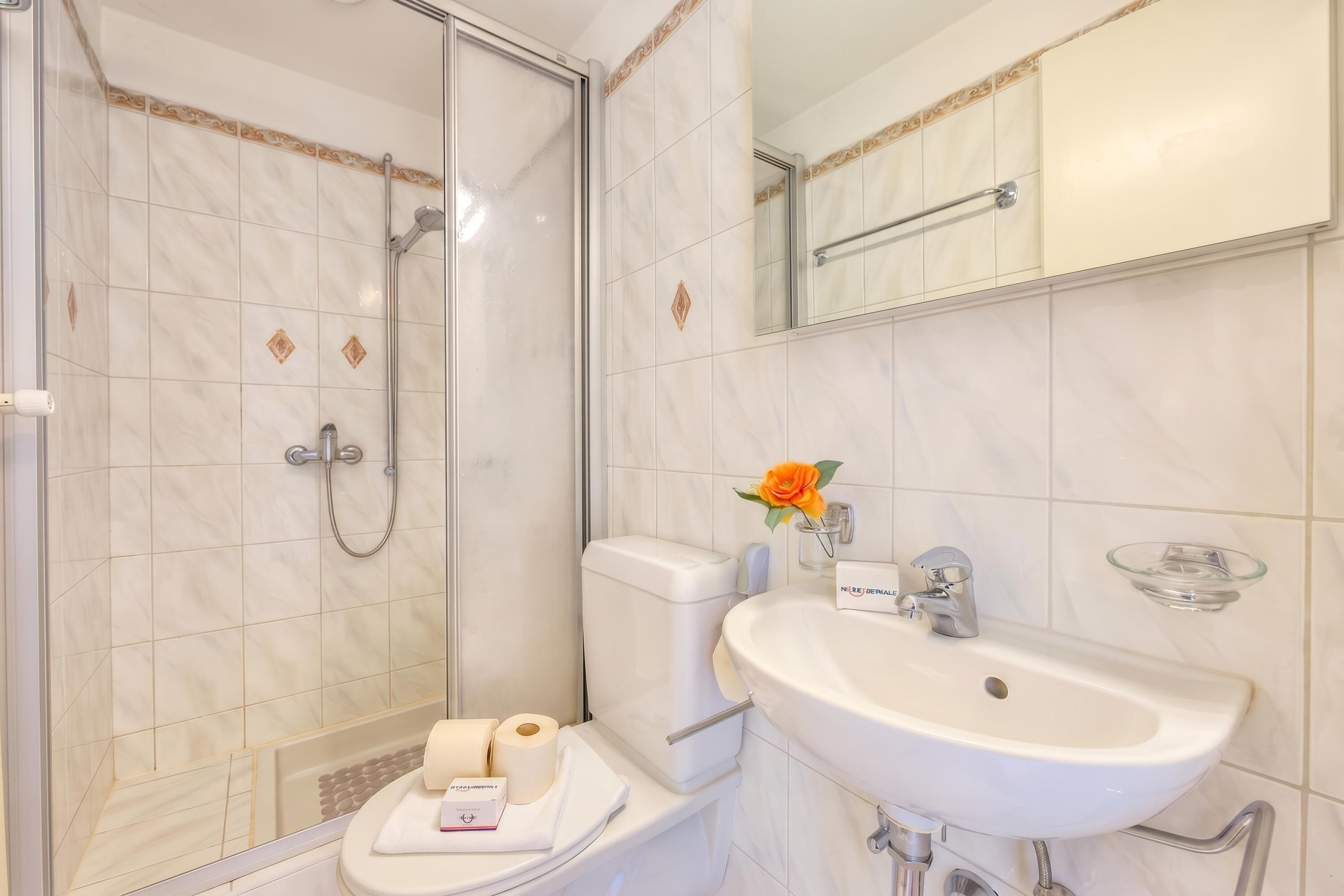 A bathroom with a shower, toilet, sink, and a mirror.