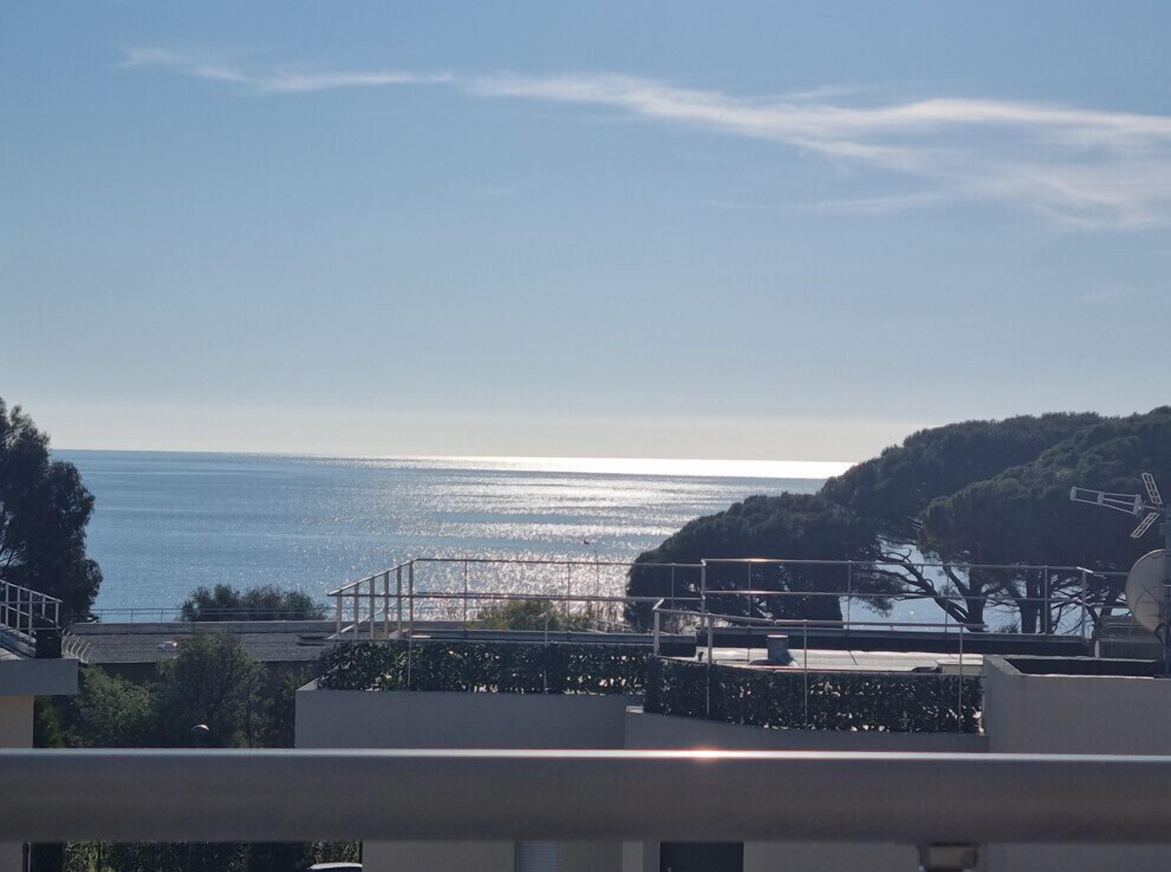 A coastal view from a balcony with a metal railing, overlooking the sea and a hill with trees.