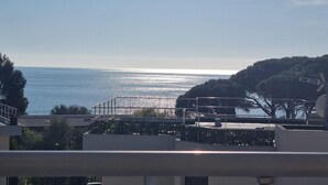 A coastal view from a balcony with a metal railing, overlooking the sea and a hill with trees. - Apt With Pool   Magnificent Sea View, 80m To Beach (Sainte-Maxime)