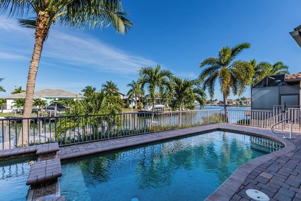 A swimming pool with a curved edge, surrounded by palm trees and a metal fence.