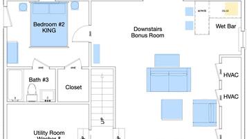 Distribución de un hotel que muestra la habitación número 2 identificada como 'KING', un bar con fregadero, un televisor y dos unidades de climatización.
