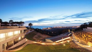 Un bâtiment moderne à plusieurs étages, doté d’espaces extérieurs aménagés et offrant une vue sur la ville au crépuscule.