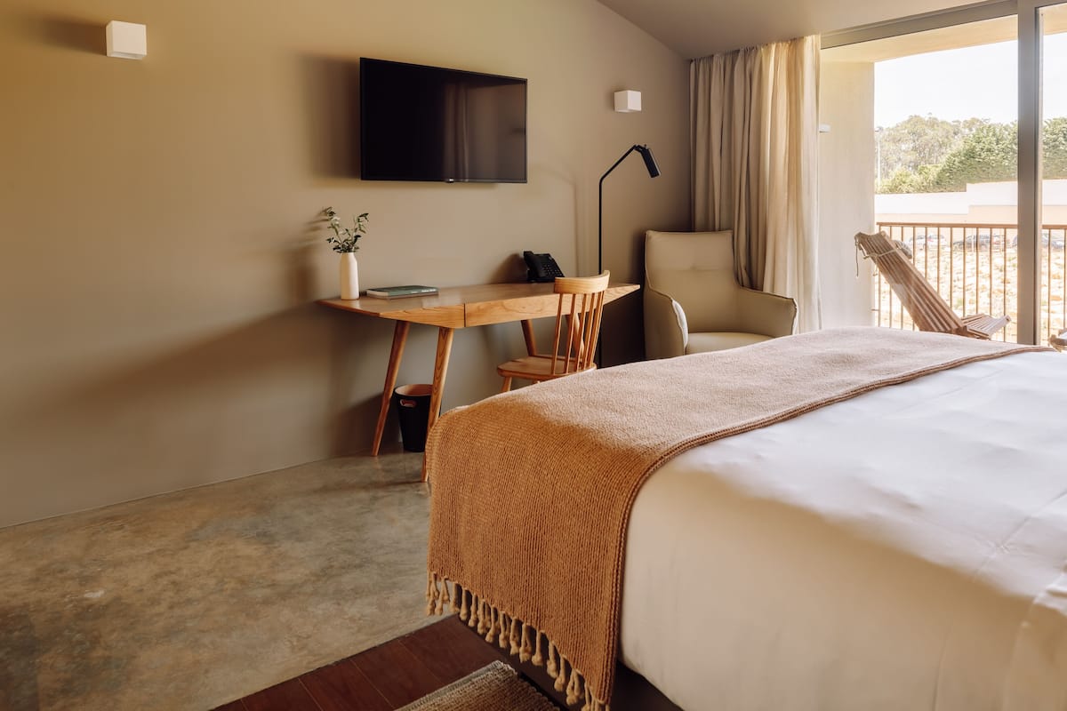 Habitación de hotel con cama, escritorio, silla, televisor y vistas al exterior.