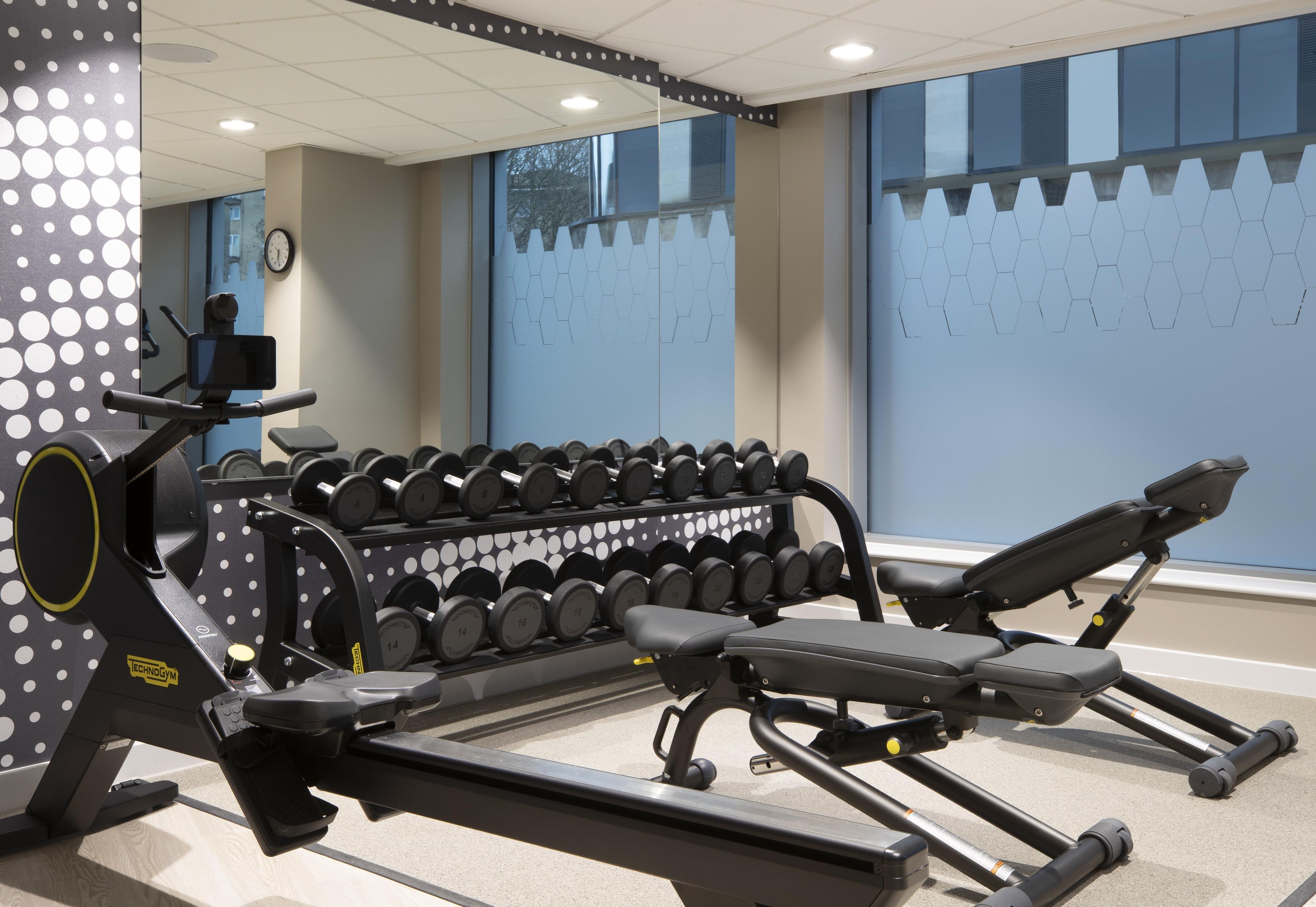 A gym with exercise equipment, including a treadmill, dumbbells, and a bench.