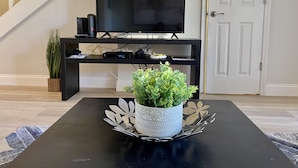 A living room with a black entertainment unit, a flat-screen TV, a potted plant, and a decorative metal tray on a black coffee table. - LOCATION! LOCATION! LOCATION!  Best location in Orlando (Orlando)
