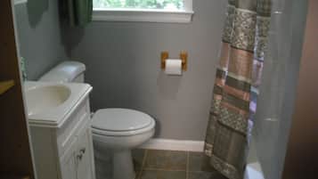 Combined shower/tub, hair dryer, towels, soap