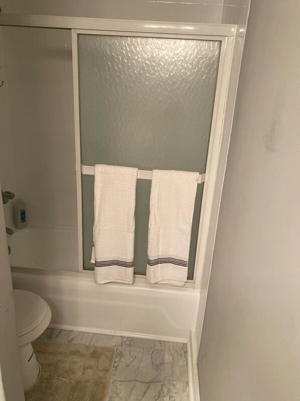 Combined shower/tub, hair dryer, towels, soap