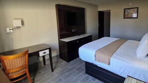 Une chambre d’hôtel avec un lit, un bureau, une chaise, une télévision et une porte.