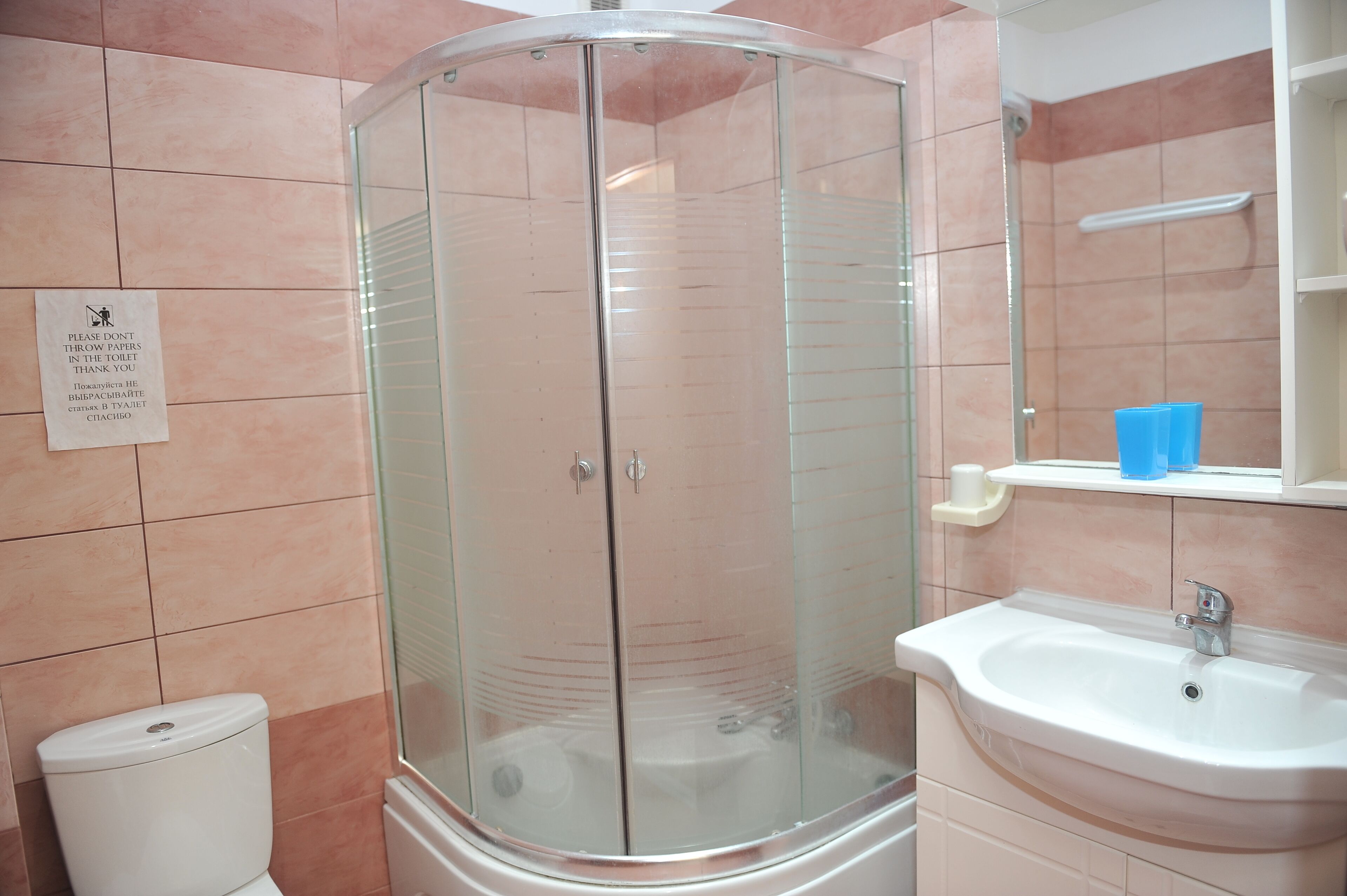 A bathroom with a glass-enclosed shower, a sink, and a toilet.