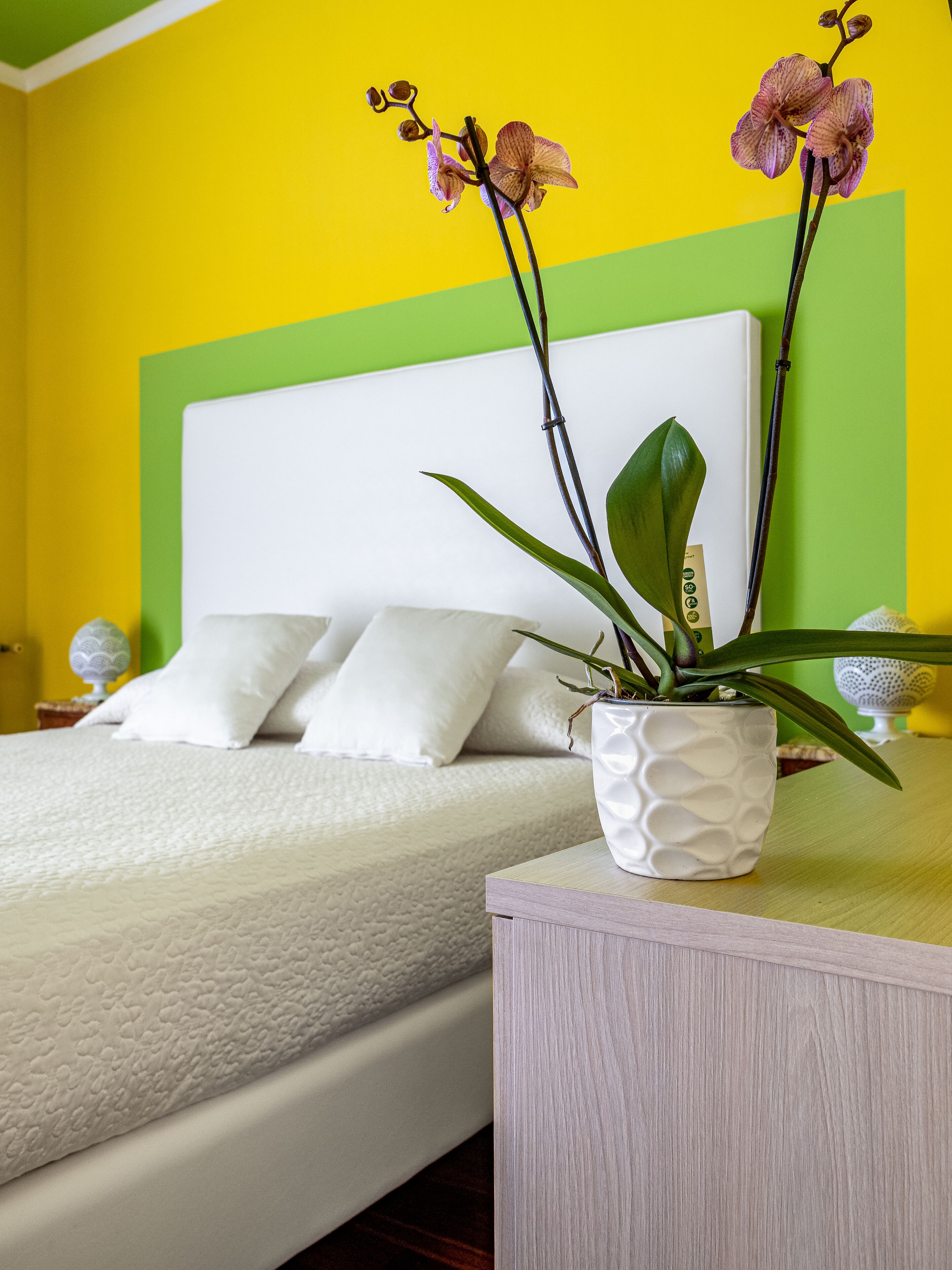 Une chambre à coucher avec un lit, des oreillers blancs, une table de chevet avec une plante et un mur vert.