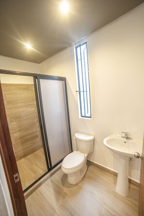 A bathroom with a toilet, a sink, and a shower area.