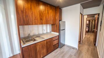 Deluxe Apartment | Private kitchen | Full-sized fridge, cookware/dishes/utensils