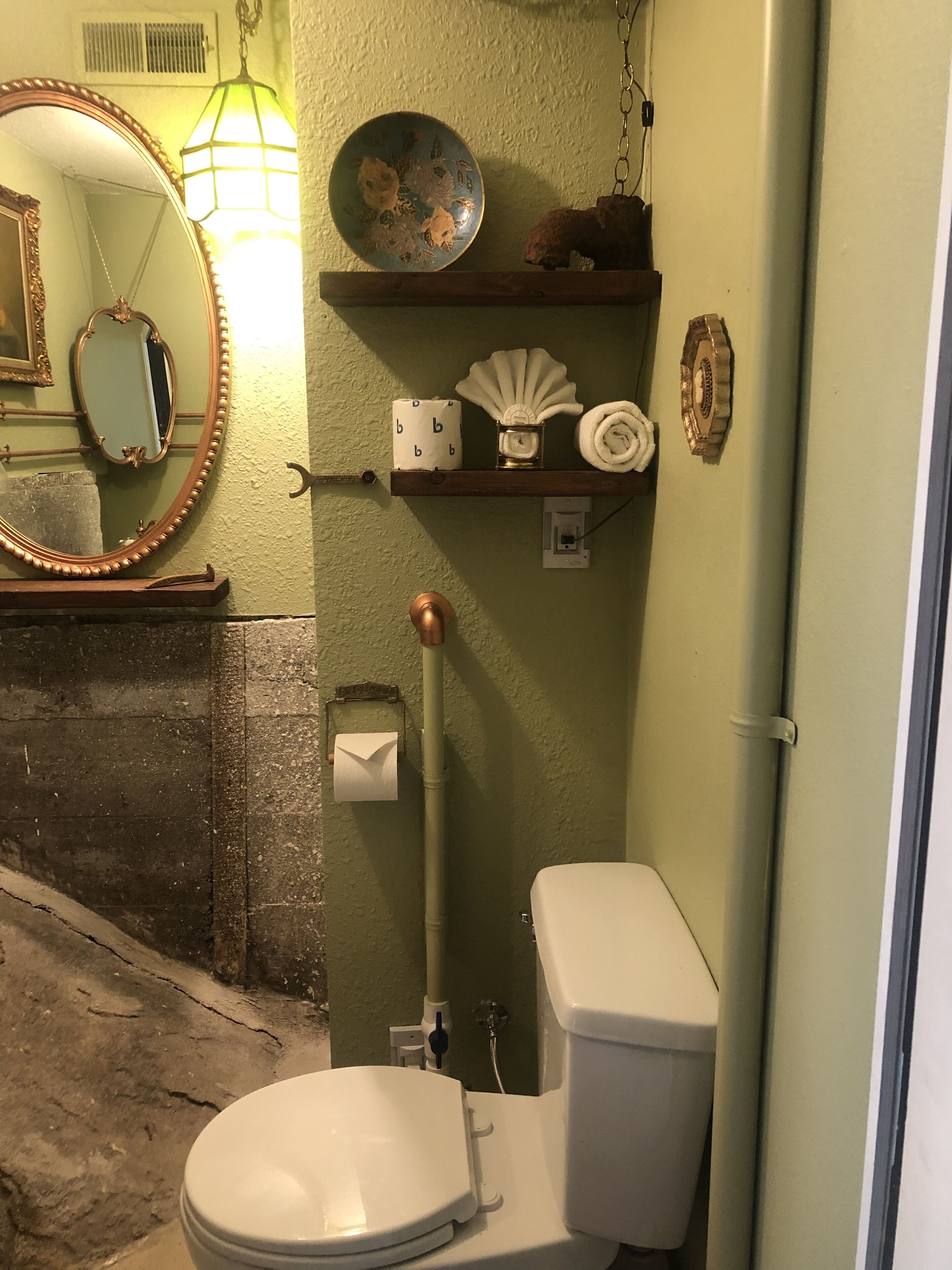 Een badkamer met een toilet, een spiegel, een plank met toiletartikelen en een handdoekhouder.