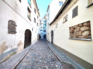 A narrow cobblestone street flanked by buildings with arched doorways and windows.