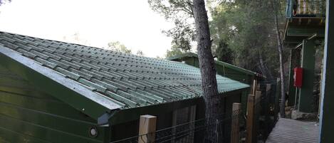 A green-roofed building with a wooden deck and a metal fence.