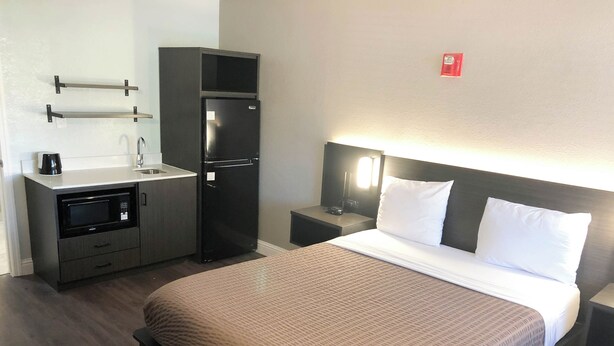 A hotel room with a bed, a kitchenette, a microwave, a refrigerator, and a nightstand with a lamp. - Motel 6 Sacramento, CA - Natomas & SMF Airport (Sacramento)