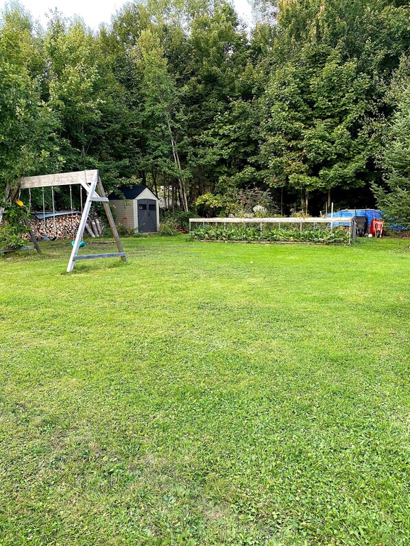 A grassy yard with a swing set, a small shed, and a fenced area with a blue tarp.
