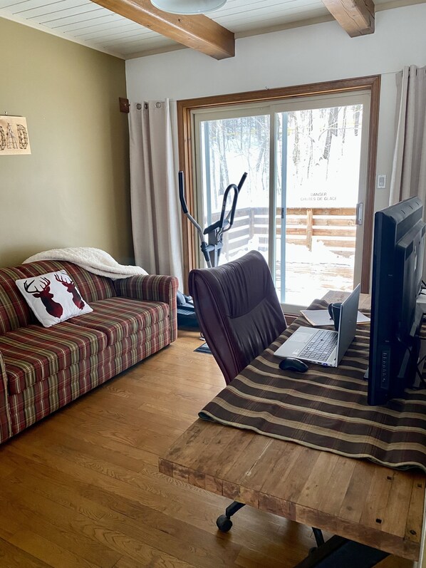 A furnished living room with a sofa, a chair, a desk with a computer, and a window with a view of a snowy landscape.