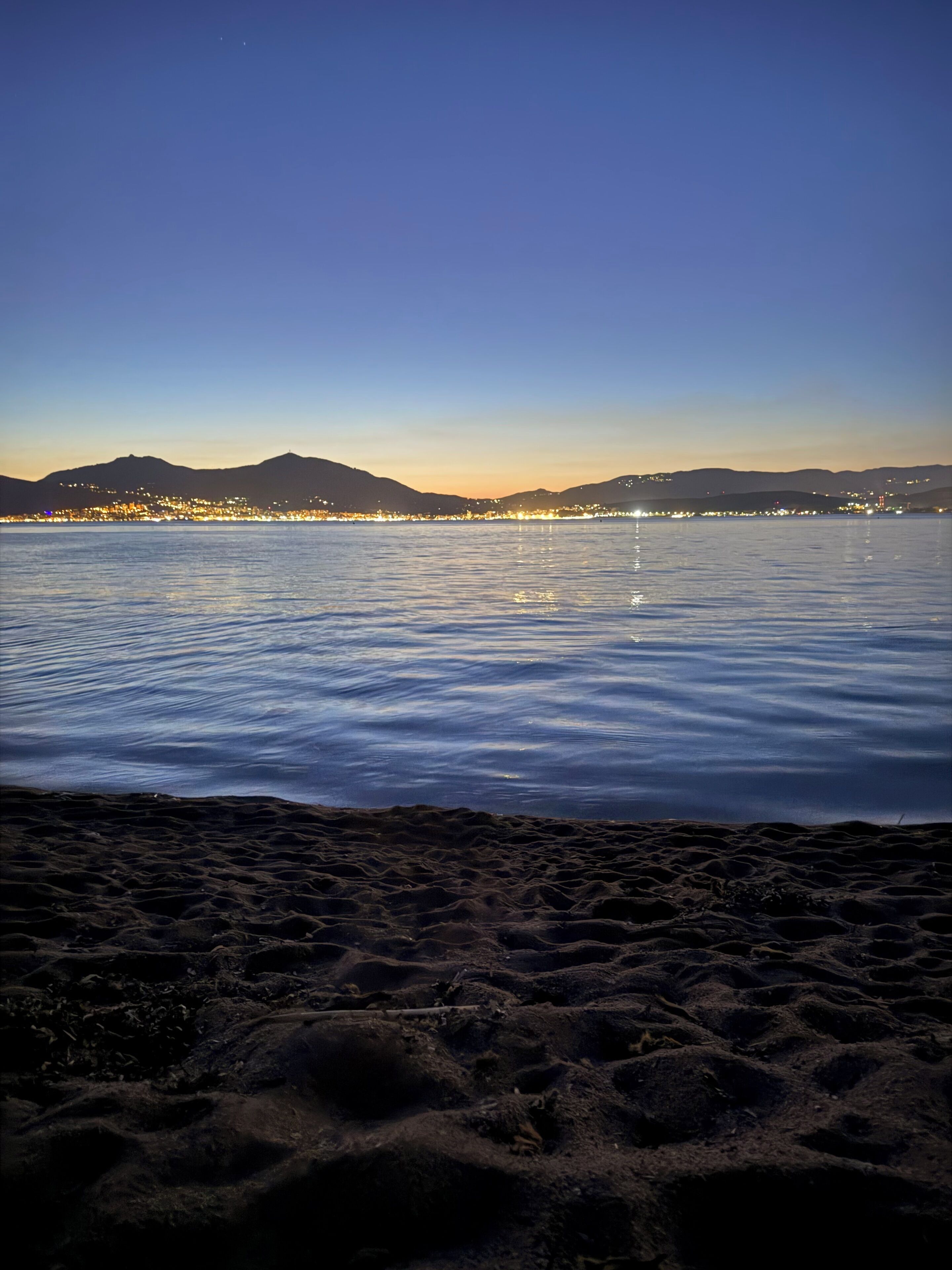 A beach with a calm sea and distant city lights.