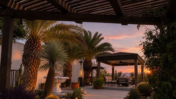A covered outdoor seating area with a view of the sunset, surrounded by cacti and palm trees.