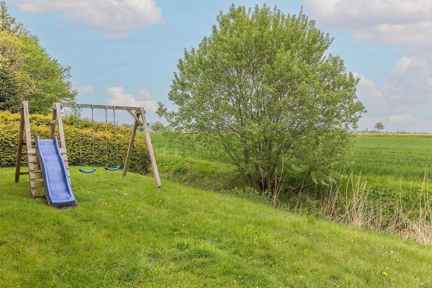 A playground with a slide and swings, surrounded by grass and trees.